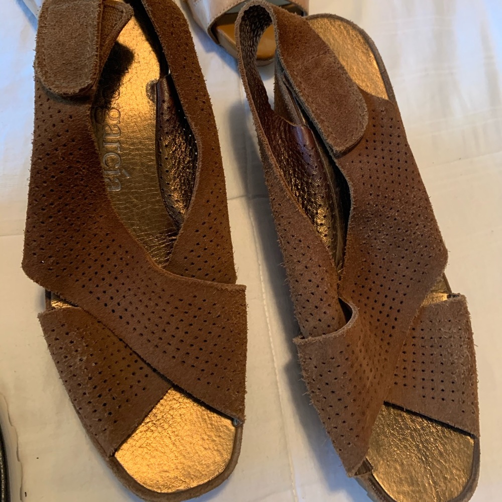 Pedro Garcia Brown Suede Perforated Wedge Sandals